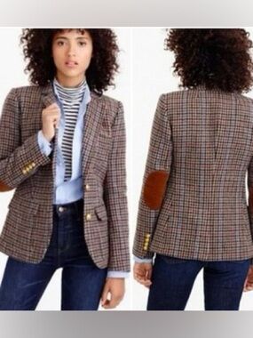 J.Crew Rhodes Brown Houndstooth Tweed Wool Elbow Patches Blazer Size 8